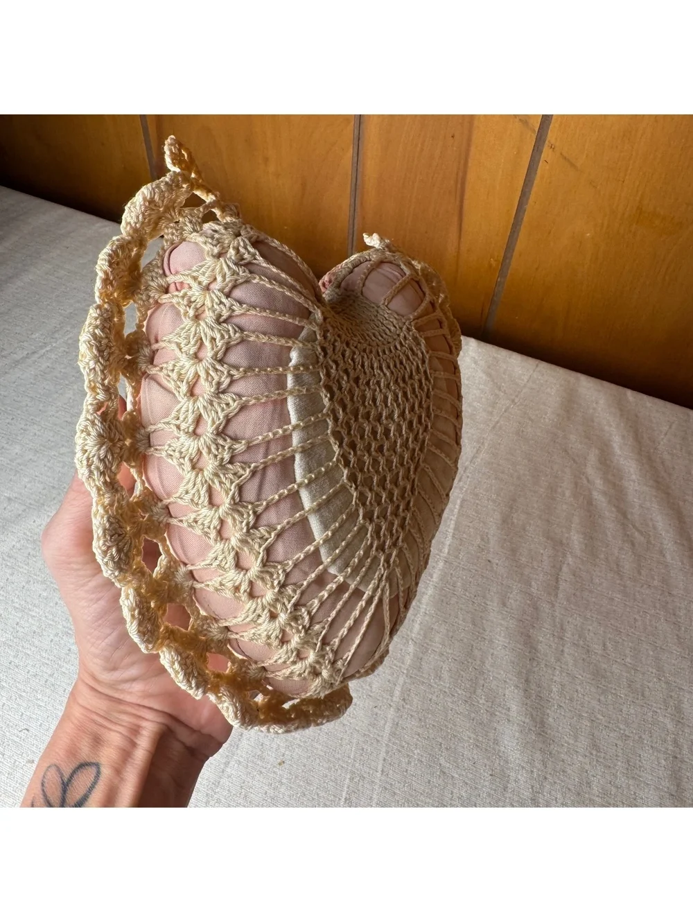 Vintage Crochet Heart Pillow Hanging Ornament 6x6 Pink Cream Cottagecore Decor
